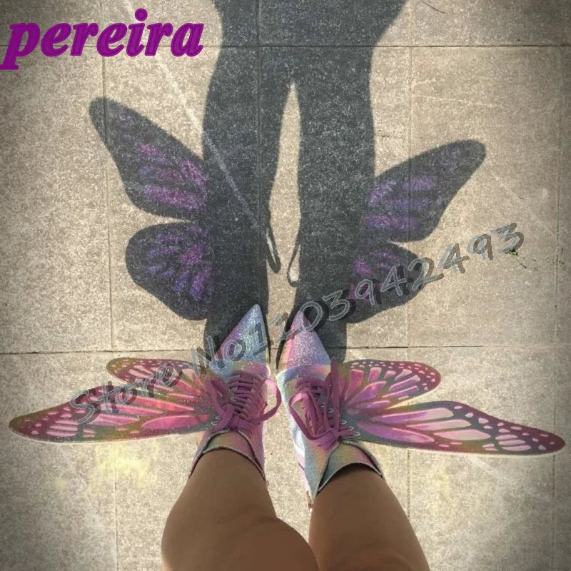 Colorful Butterfly-Wings Boots Laser Pointed Toe Botas Mid-Calf Shoes Side Zippers Zapatos De Mujer Lace Up Thin High Heel Shoe