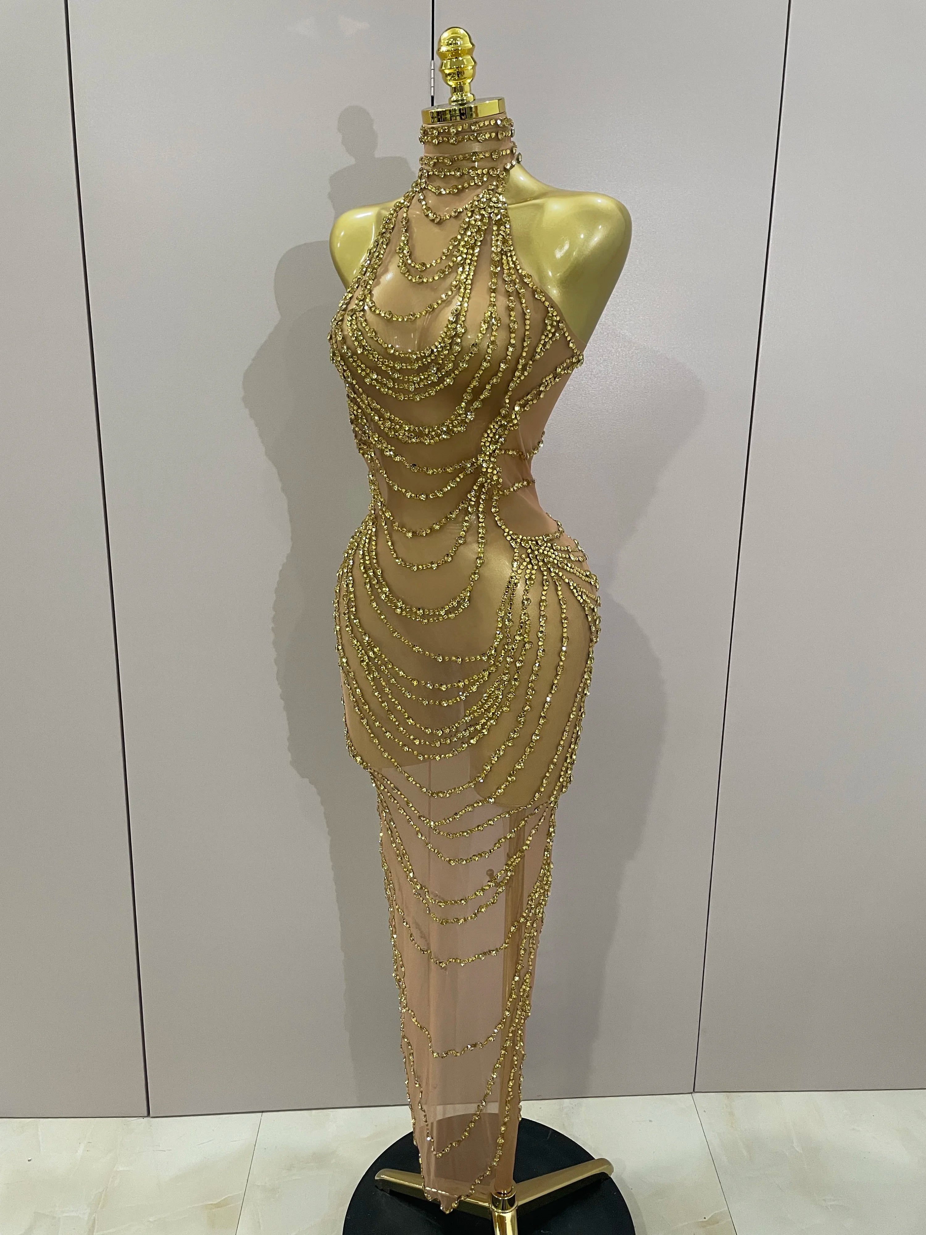 Luxury Sparkly Gold Rhinestone Sexy Transparent Mesh Long Dress 2025 Women Birthday Party Gown Stage Singer Performance Costume