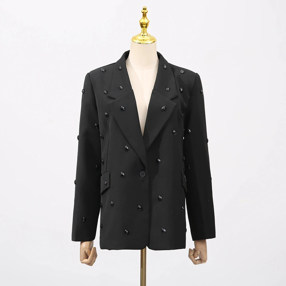 Solid Loose Spliced Bead Elegant Jackets for Women Lapel Long Sleeves Patchwork Button Jacket Female Clothing New BLACK