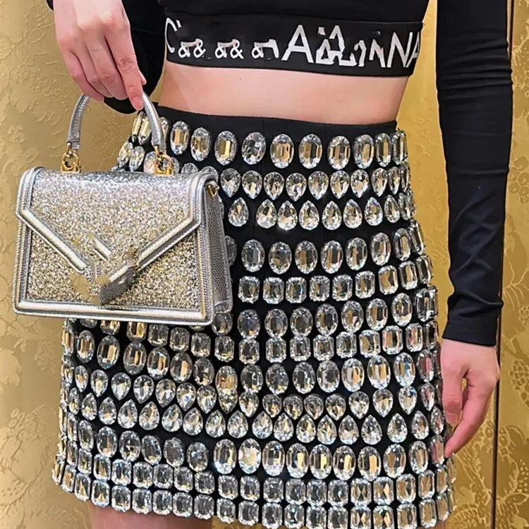 Women Celebrity Beading Rhinestone Black Mini Bodycon Bandage Skirt Designer High Waist Party Office Lady Elegant Skirt