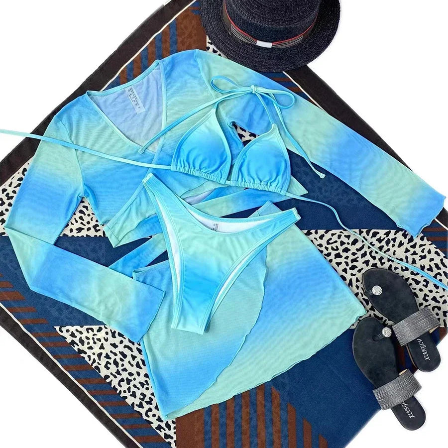 4 Pieces Halter Bikini Swimsuit & Cross Cover Up Top & Beach Skirt Sexy Swimwear Women Bathing Swimming Swim Suit Beachwear