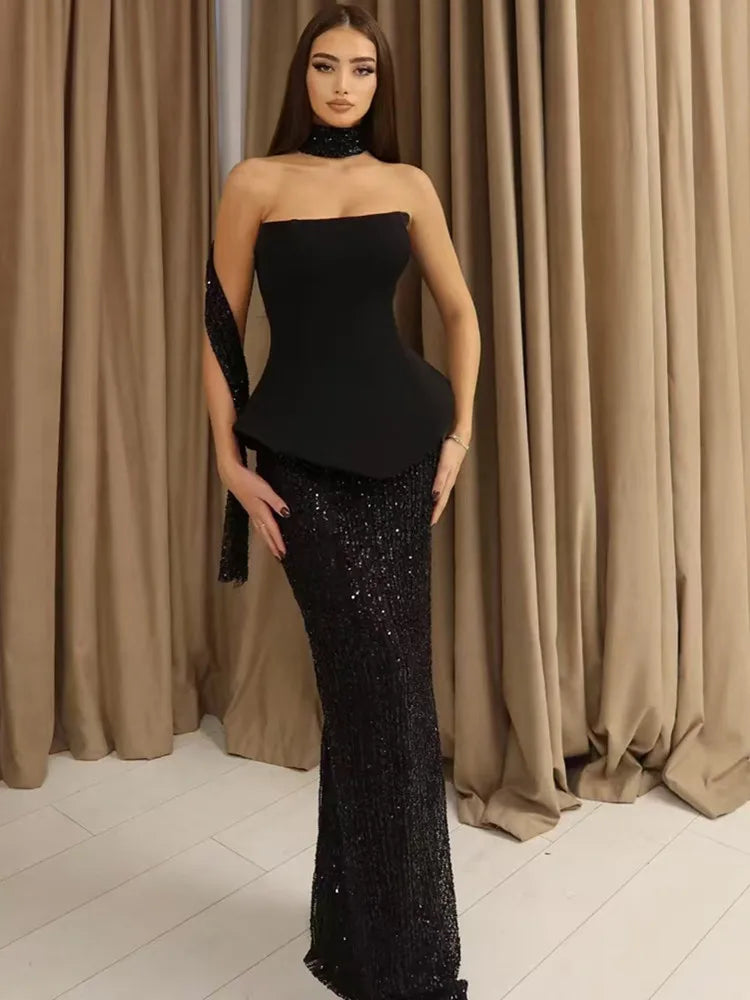 Sexy Strapless Backless Sequins Mesh Black Maxi Long Two Pieces Skirt Bandage Set 2025 Celebrity Designer Women's Set black