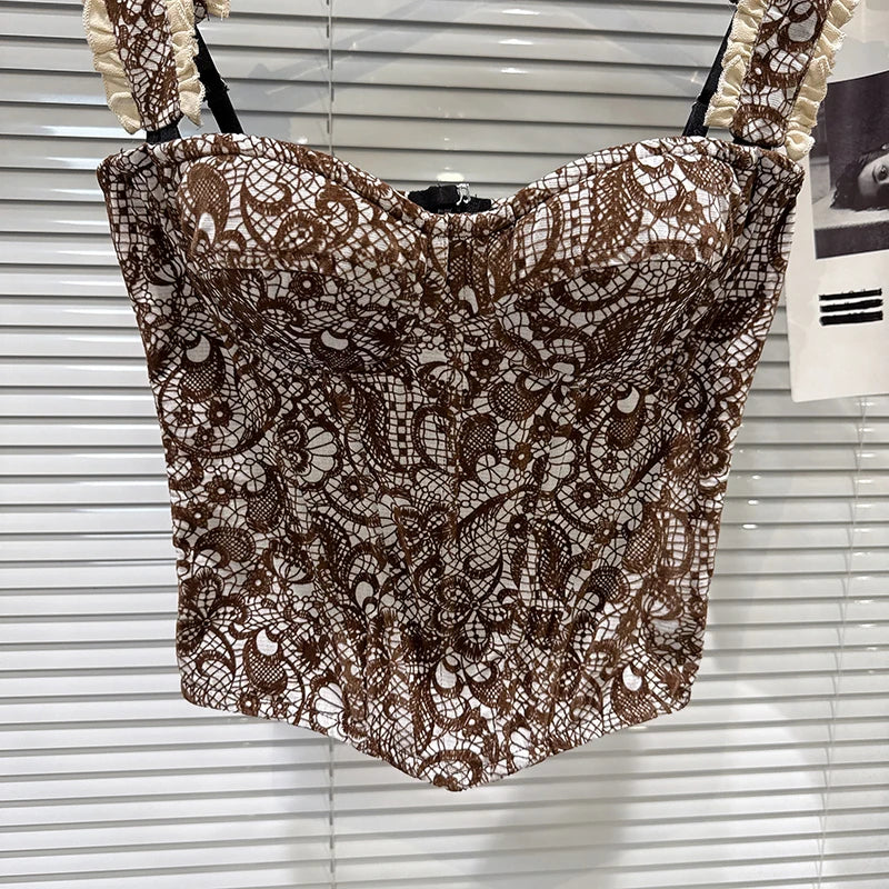 Winter New Fashion Floral Pattern Lace Shoulder Strap Fishbone Chest Pad Camisole For Women Outwear Tank Top 11A07941