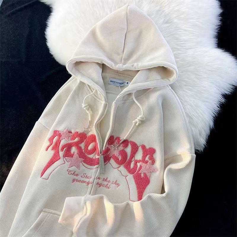 Sweat-shirt à capuche avec lettres brodées pour femmes, Vintage, fermeture éclair, ample, Harajuku Y2K, veste à manches longues, vêtements, automne hiver 