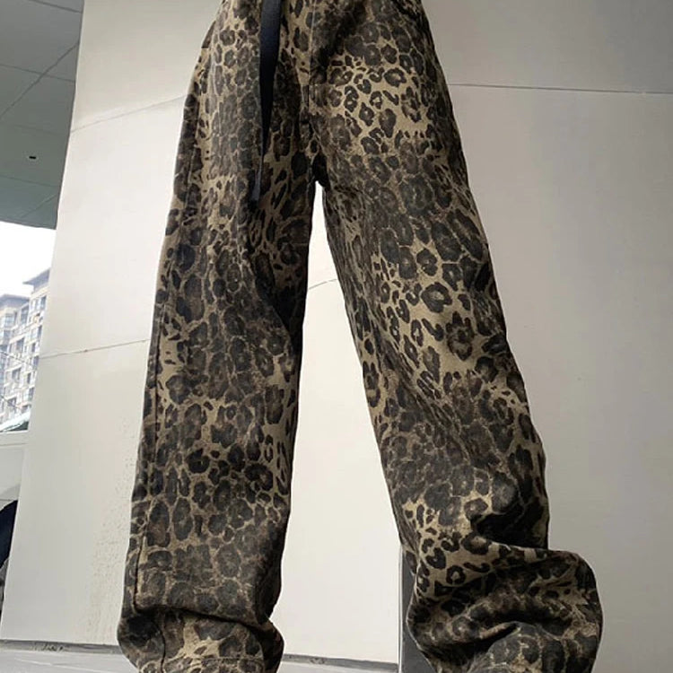 Woman Vintage Leopard Jeans Spring Autumn Simple Casual Oversize Wide Leg Trousers Streetwear Hip Hop Female Loose Pants