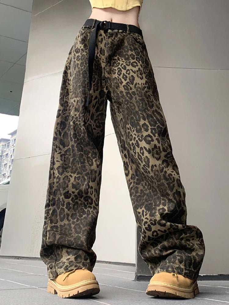 Woman Vintage Leopard Jeans Spring Autumn Simple Casual Oversize Wide Leg Trousers Streetwear Hip Hop Female Loose Pants
