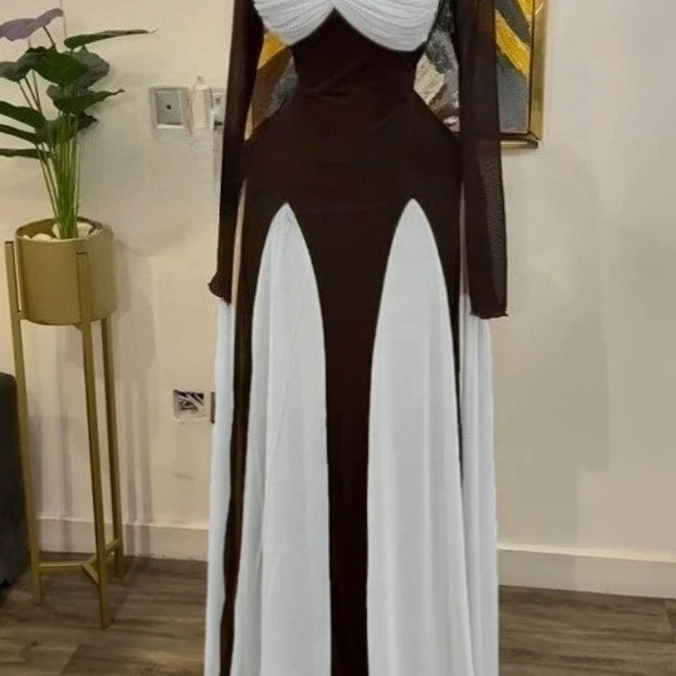 GLCMYAYA Women Long Sleeve Draped Front Midi A-line Patchwork Maxi Long Dress 2025 Vacation Holiday Party Birthday Dresses WHITE