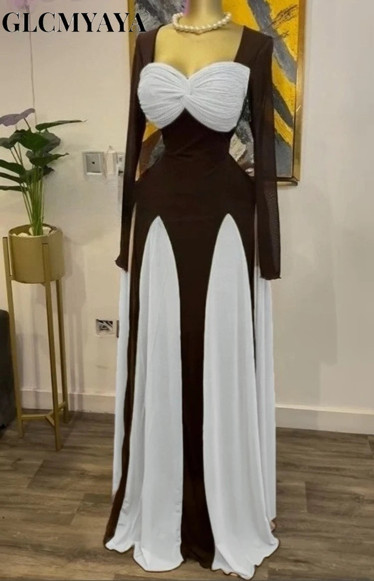 GLCMYAYA Women Long Sleeve Draped Front Midi A-line Patchwork Maxi Long Dress 2025 Vacation Holiday Party Birthday Dresses WHITE