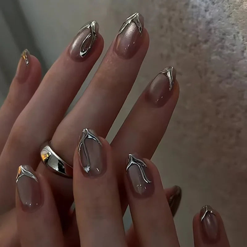 24Pcs Nude Pink Almond Fake Nails with Golden Lines Design Long Round Head Press on False Nails Wearable Full Cover Nail Tips 1981