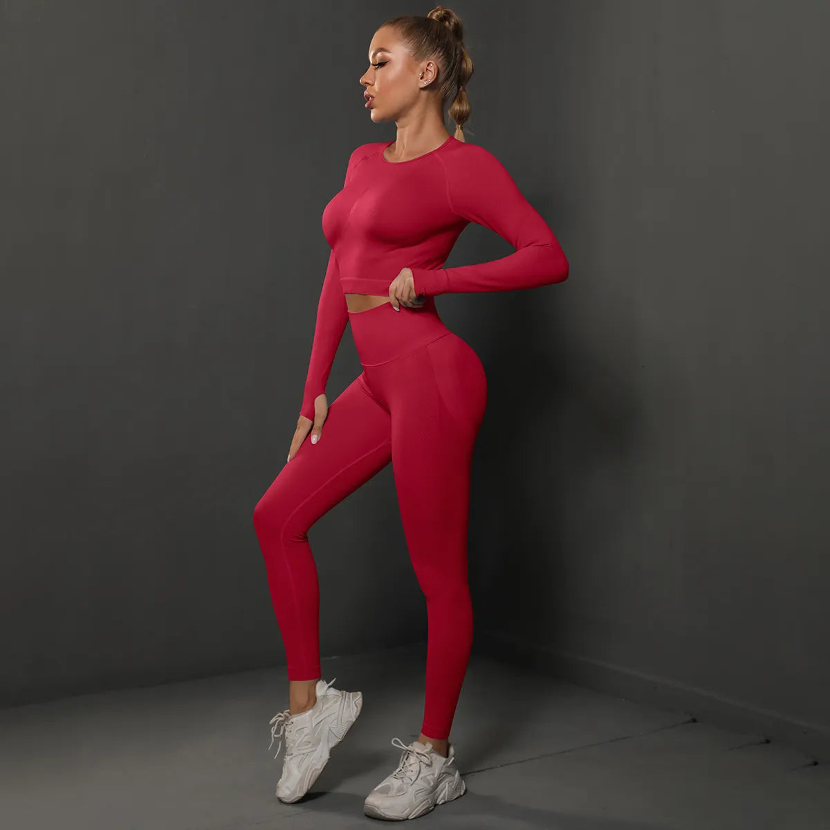 2Pcs Women Sets Energy Seamless Gym Suits Bubble Butt Sports Pants+Long Sleeve Shirts Push Up Running Sets Tracksuits Tights Set Red