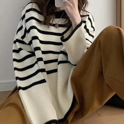 Women Striped Loose Thermal Sweater O-Neck Long Sleeve Thicken Knitted Pullovers Casual Sweater For Women 2023 Autumn Winter