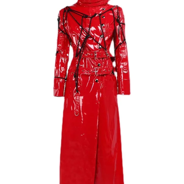 Lautaro Spring Long Cool Shiny Reflective Hard Patent Pu Leather Coat for Women Belt Luxury Designer Punk style Lace Up Clothes