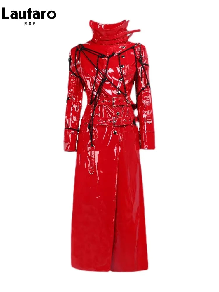 Lautaro Spring Long Cool Shiny Reflective Hard Patent Pu Leather Coat for Women Belt Luxury Designer Punk style Lace Up Clothes