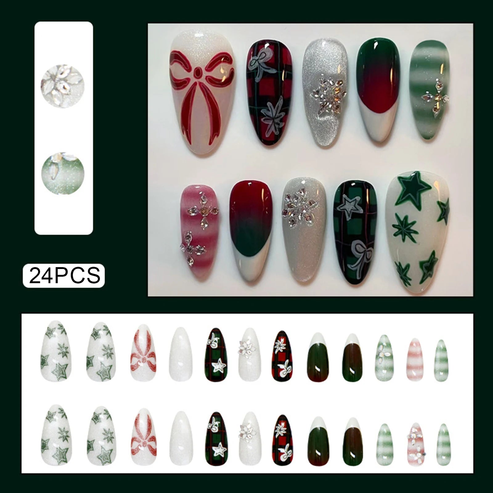 Christmas Almond Press On Nails, 24Pcs Full Cover Fake Nails Bowknot/Star/Snowflake Printed Wearable False Nails Diamond Decor As show