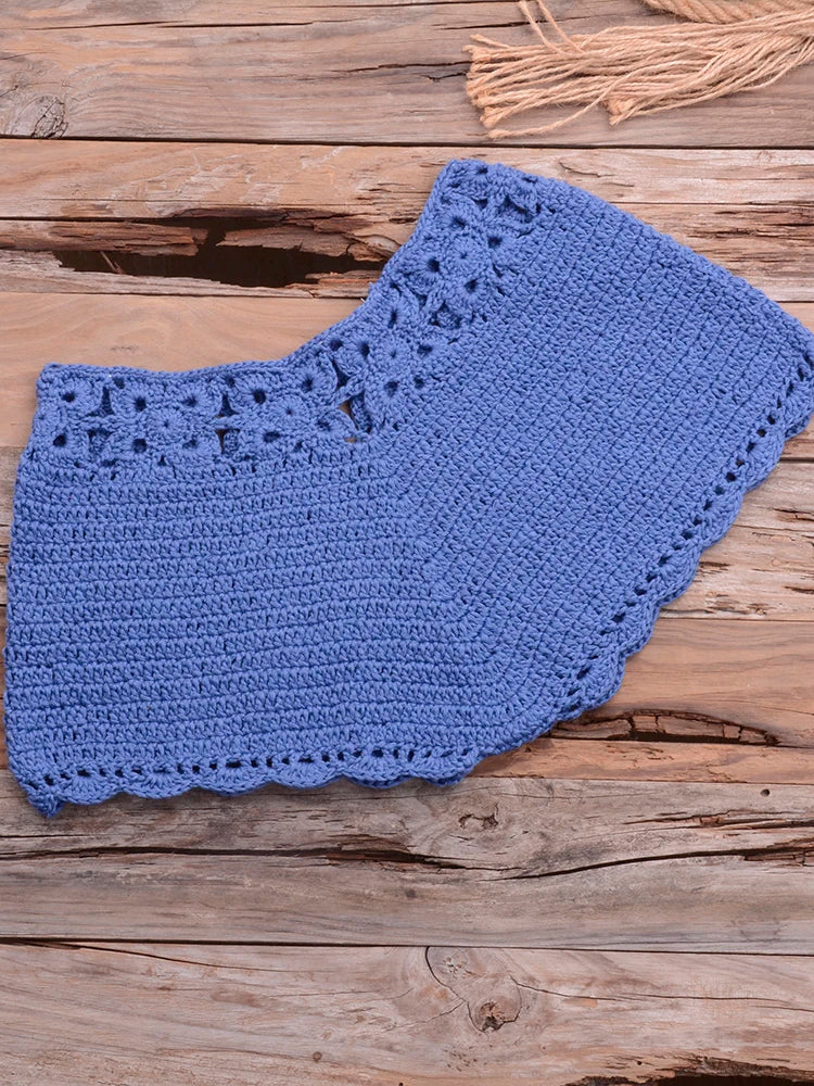 Bikini 2022 knitting Swimsuit Crochet Bikini Bohemia Style Off Shoulder High Neck Bathing Beach Bikinis Handmade Crochet Bikini Blue Bottom