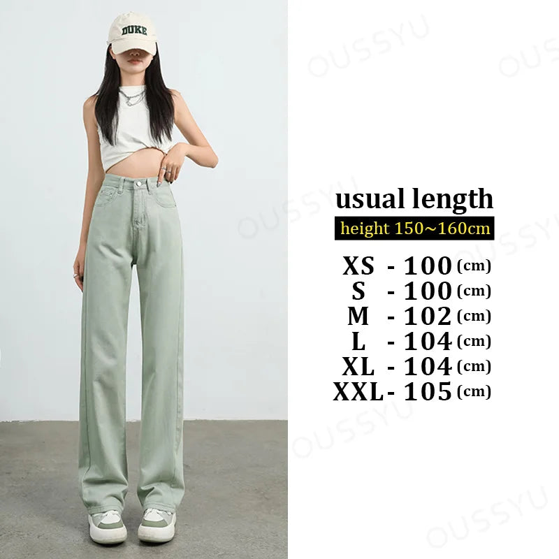 Jeans Women's High Waist Straight Wide Leg Cotton Y2K Denim Clothing Streetwear Vintage Fashion Pants Blue White Leisure Trouser Green-usual