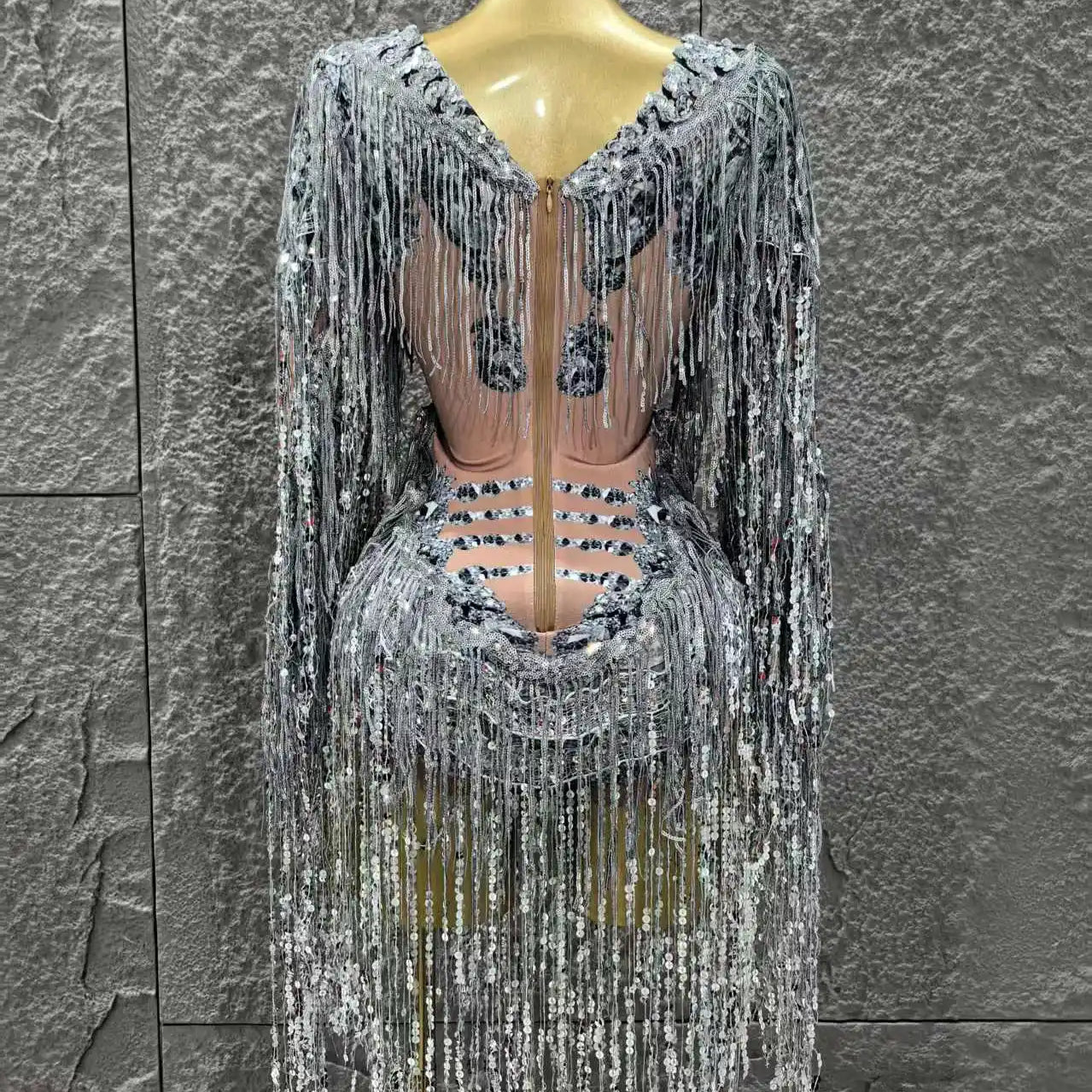 STOCK Women Long Sleeve Sexy V-Neck Bodycon Bodysuit Shinning Sequin Tassel Celebrate Bar Dancer Performance Costume Stage Wear