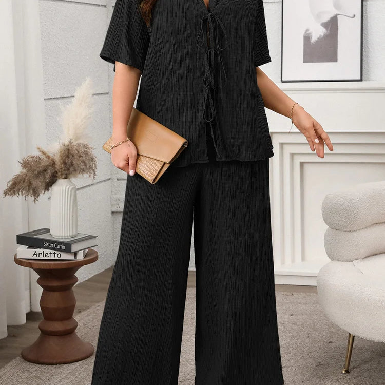 GIBSIE Plus Size Spring Summer Women Two Piece Set Loose Lace-up Shirt Top + Wide Leg Pants 2025 Female Casual 2 Piece Outfits black