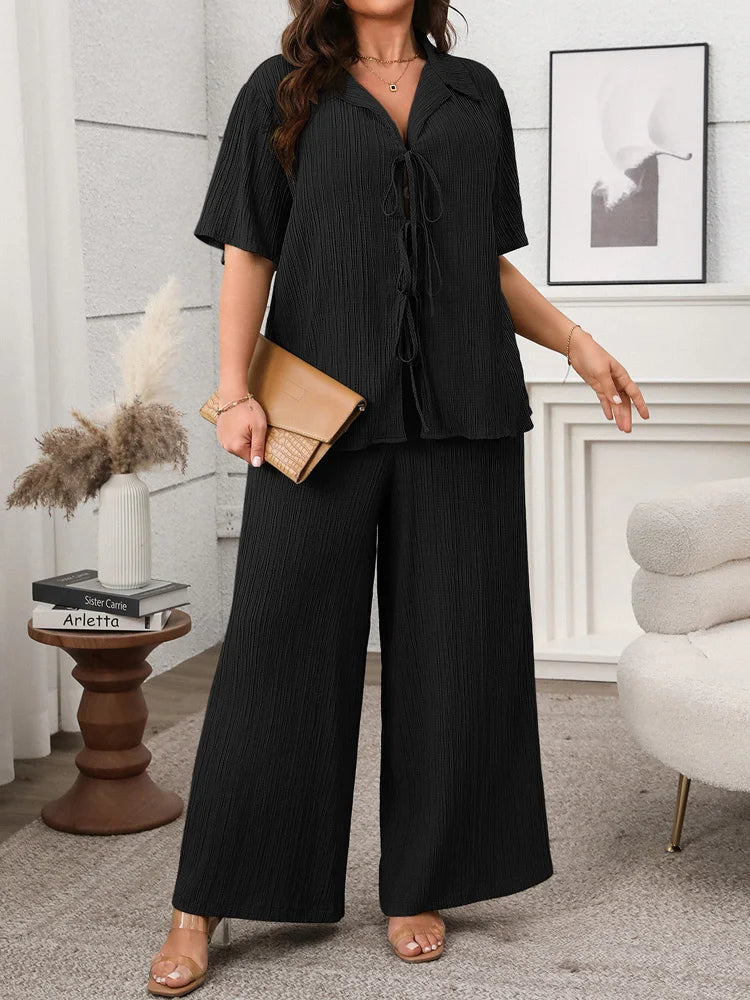 GIBSIE Plus Size Spring Summer Women Two Piece Set Loose Lace-up Shirt Top + Wide Leg Pants 2025 Female Casual 2 Piece Outfits black
