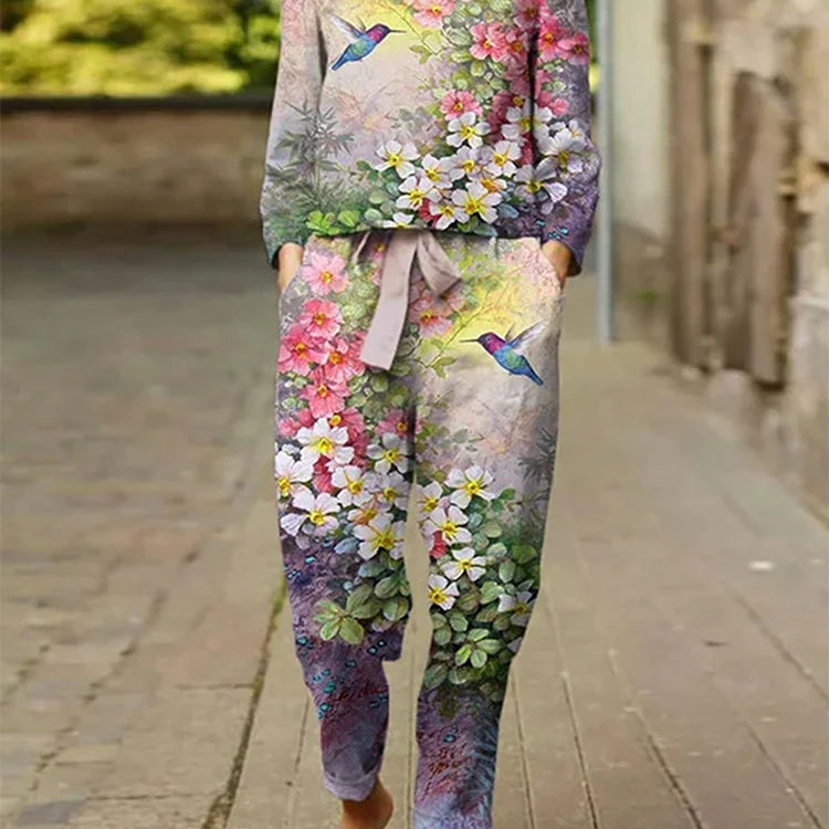 Plus Size Women's 2025 Spring New Casual Suit Set Women's Big Size Floral Print Long Best Choice in Spring LightGrey