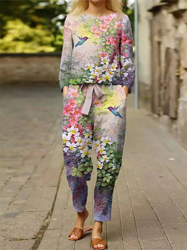 Plus Size Women's 2025 Spring New Casual Suit Set Women's Big Size Floral Print Long Best Choice in Spring LightGrey