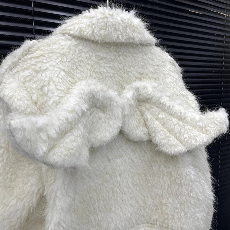 Autumn Winter New Fashion Wings Plush Warm Thickened Design Cotton Coat For Women Solid Color Jacket Female 11A07890