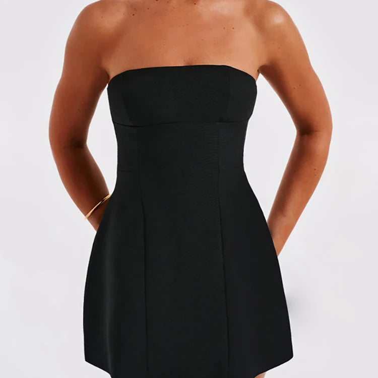 HOUZHOU Elegant Strapless Short Dresses for Women Summer Sexy Vintage Slim A-line Black Party Dresses Graduation Prom Black