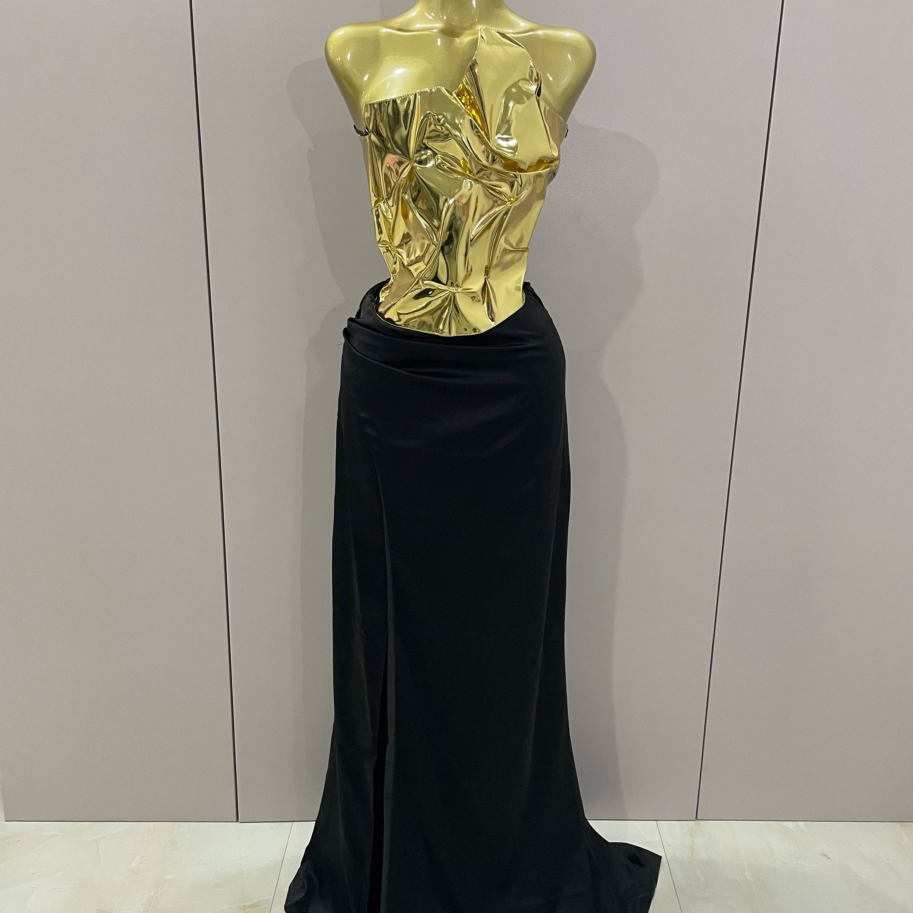 2025 Gold Color Sexy Laced-up Tops 2 Pieces Set Long Dress Women Celebrate Evening Party Celebrity Elegant Dress Gold