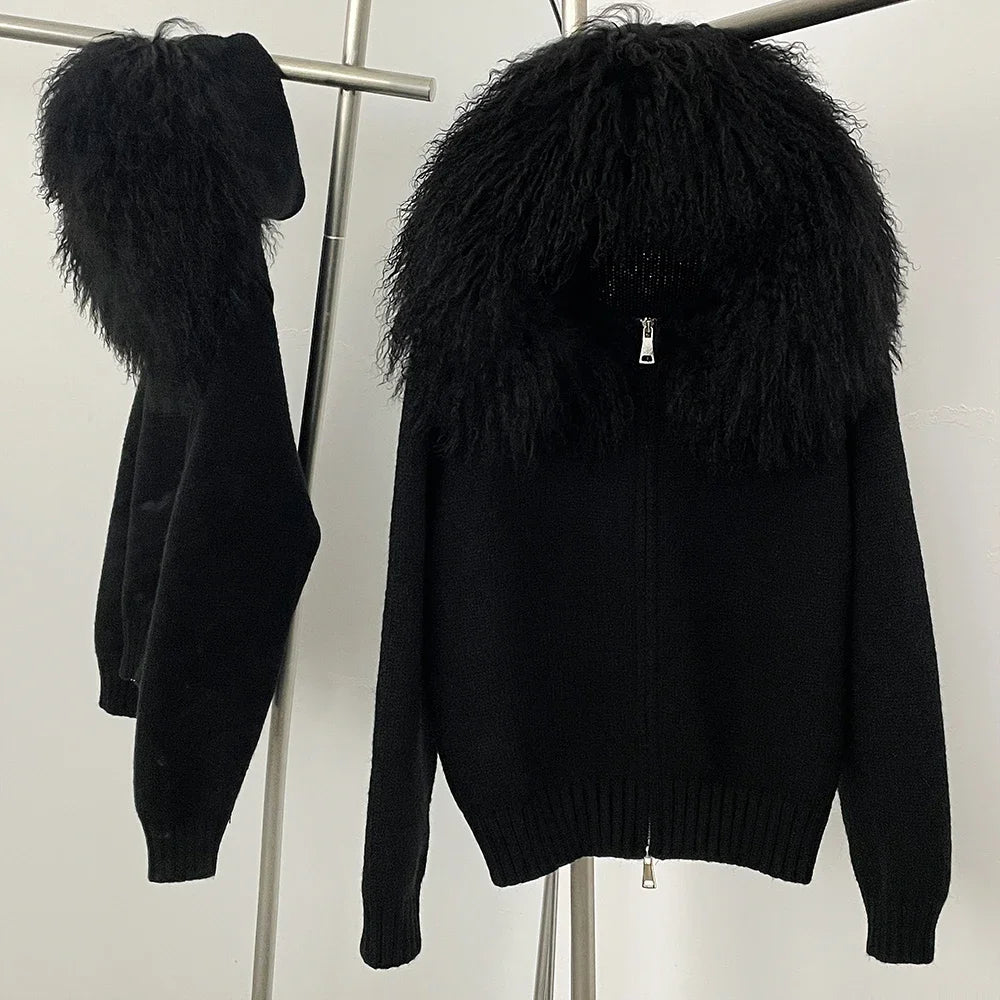 Coat Women Cardigan Natural Fox Fur Coat Women Real Mongolian Fur Knitwear Female Spring Autumn Hooded Knitted Fur Jacket Black sheep One Size