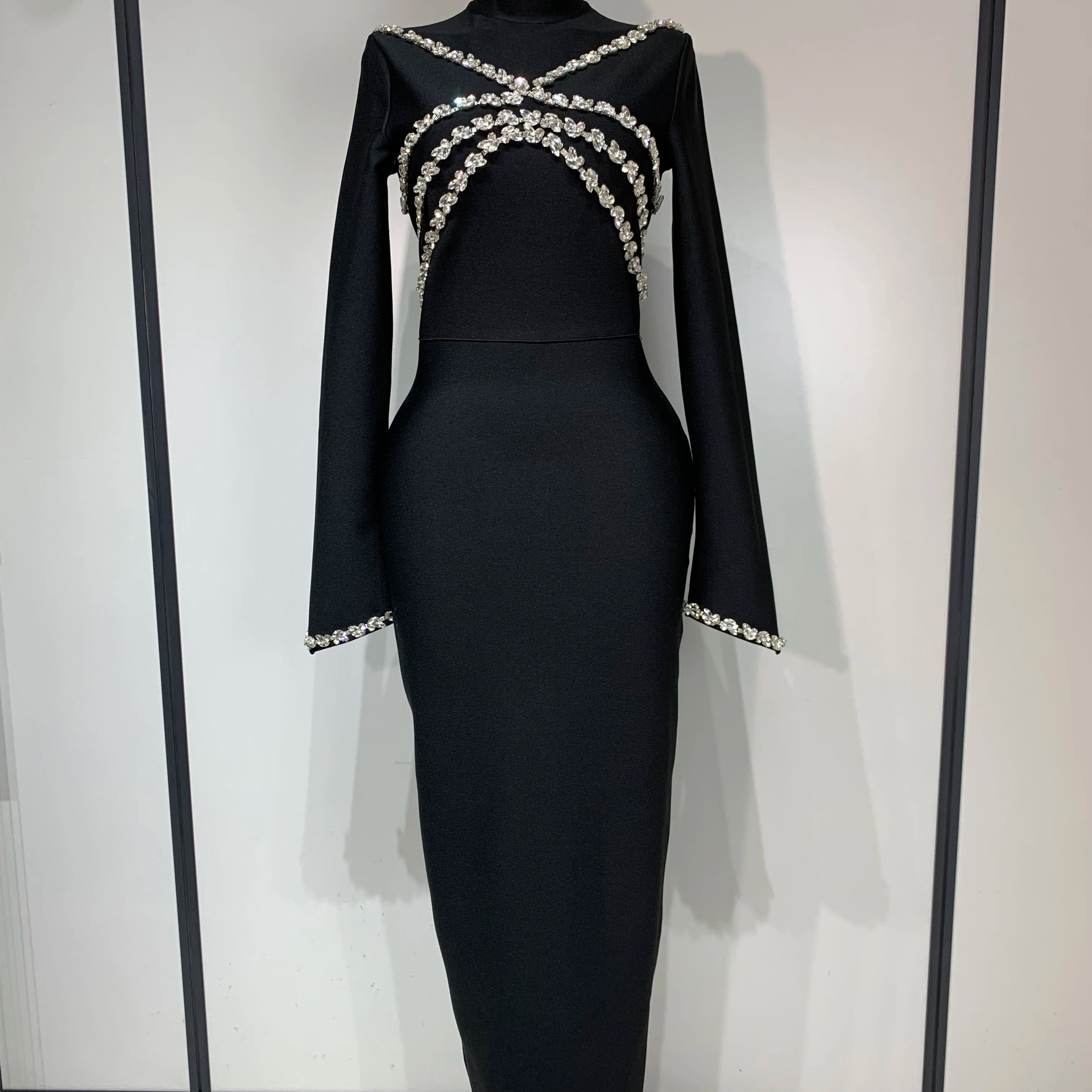 Women Long Sleeve Shinning Crystal Bodycon Long Bandage Dress Celebirty Elegant Evening Party Luxury Birthday Dress black