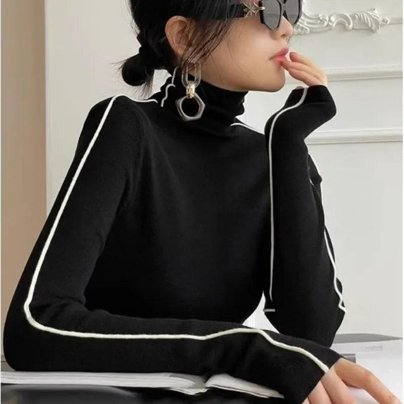 New Fashion Turtleneck Pullovers Women Autumn and Winter Slim Fit Long Sleeved Top Elegant Office Lady Sweaters Black White 2024 Black One Size