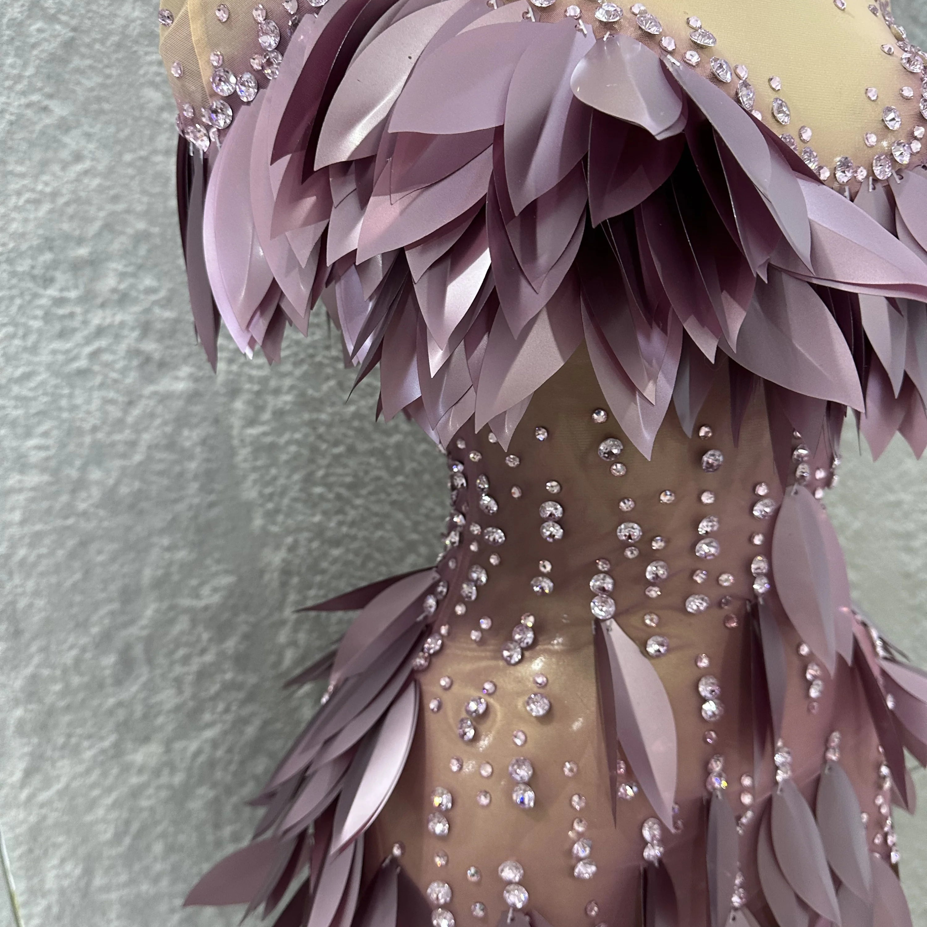 Sparkly 2026 Purple Sheer Mesh Dress Women Sexy Illusion Neck Rhinestone 3D Leaf Fringe Bodycon Evening Gala Nightclub Outfit