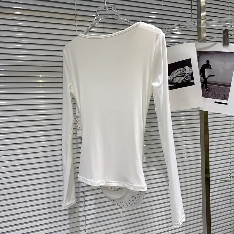 Winter New Light Luxury Style U-Neck Shiny Rhinestone Solid Color Ruched T-Shirt For Women Slim Fit Tops 11A07550