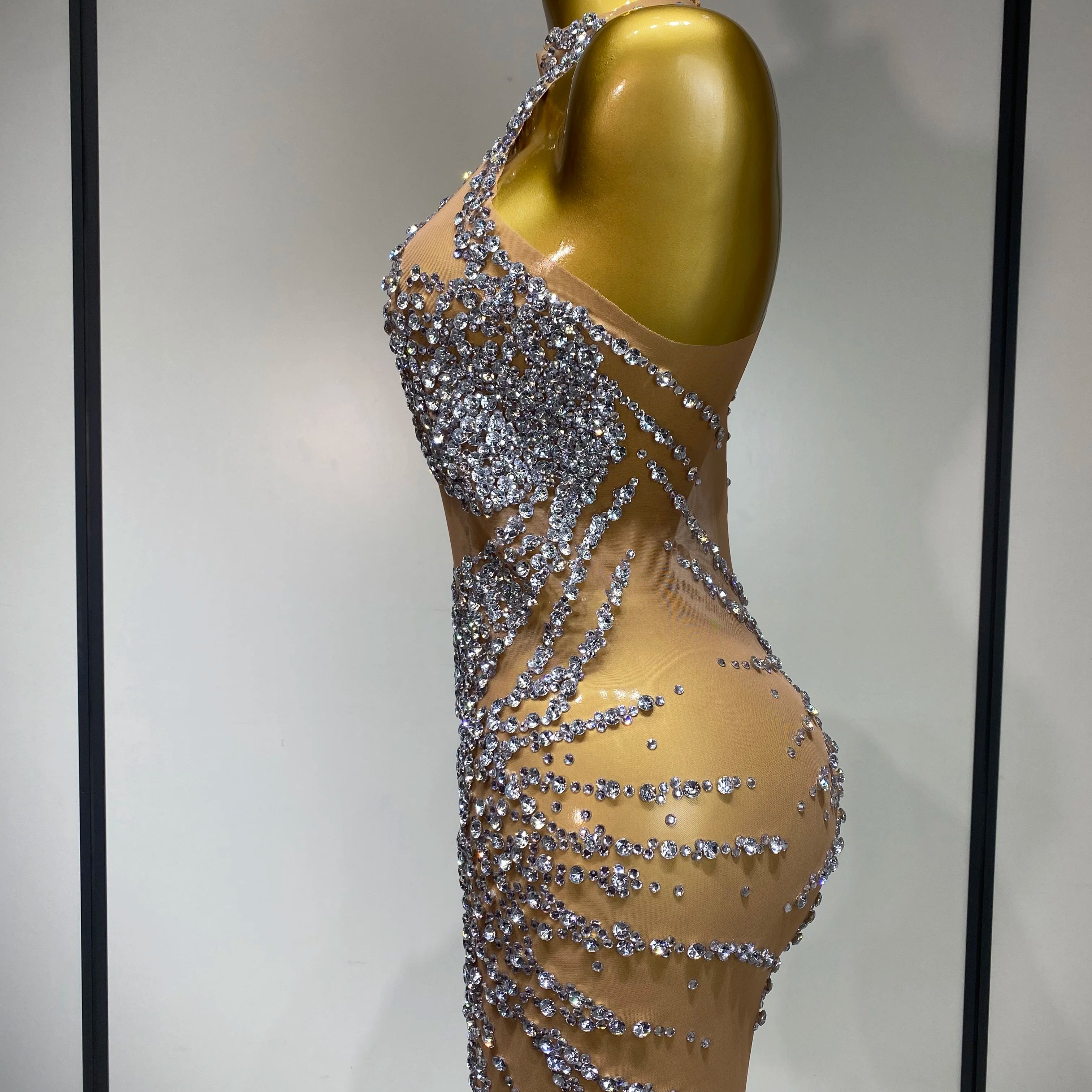 Luxury Rhinestones Mesh Transparent Prom Mini Dress Shinny Women Birthday Celebrate Party Prom Nightclub Outfit Stage Costume