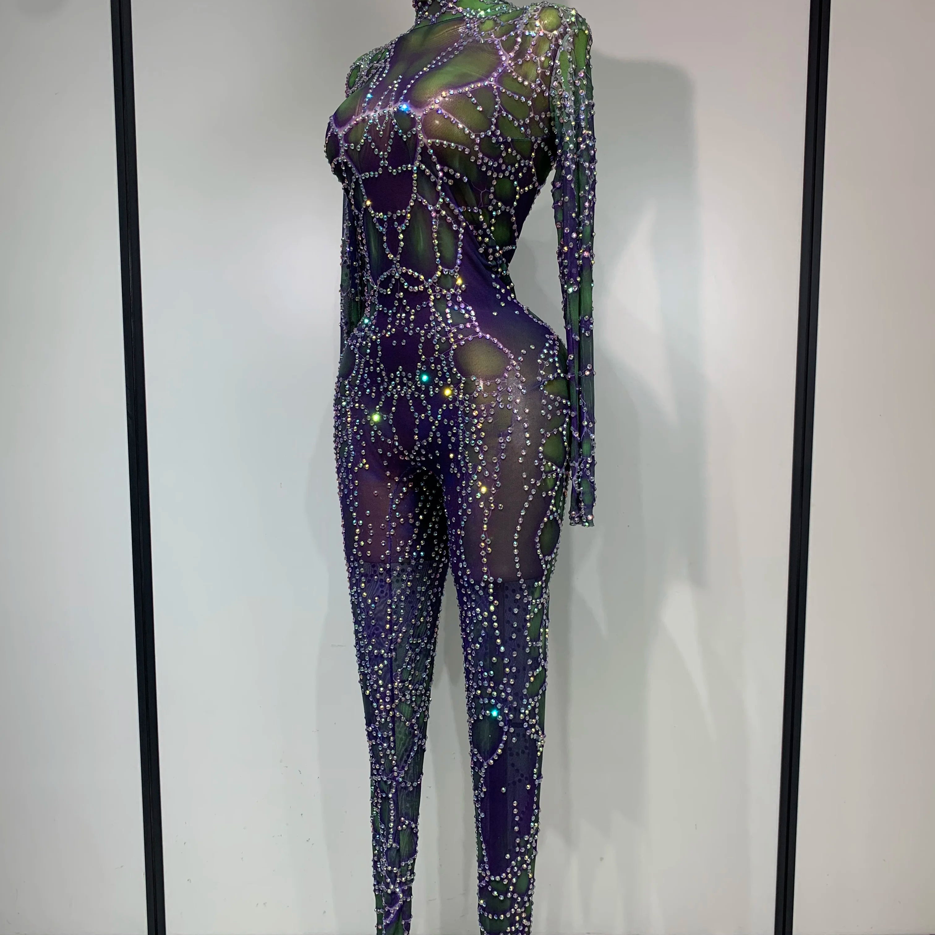 Women Sparkly Rhinestones Mesh Bodycon Jumpsuit Singer Stage Performance Dance Costume Nightclub Party Luxury Birthday Outfit