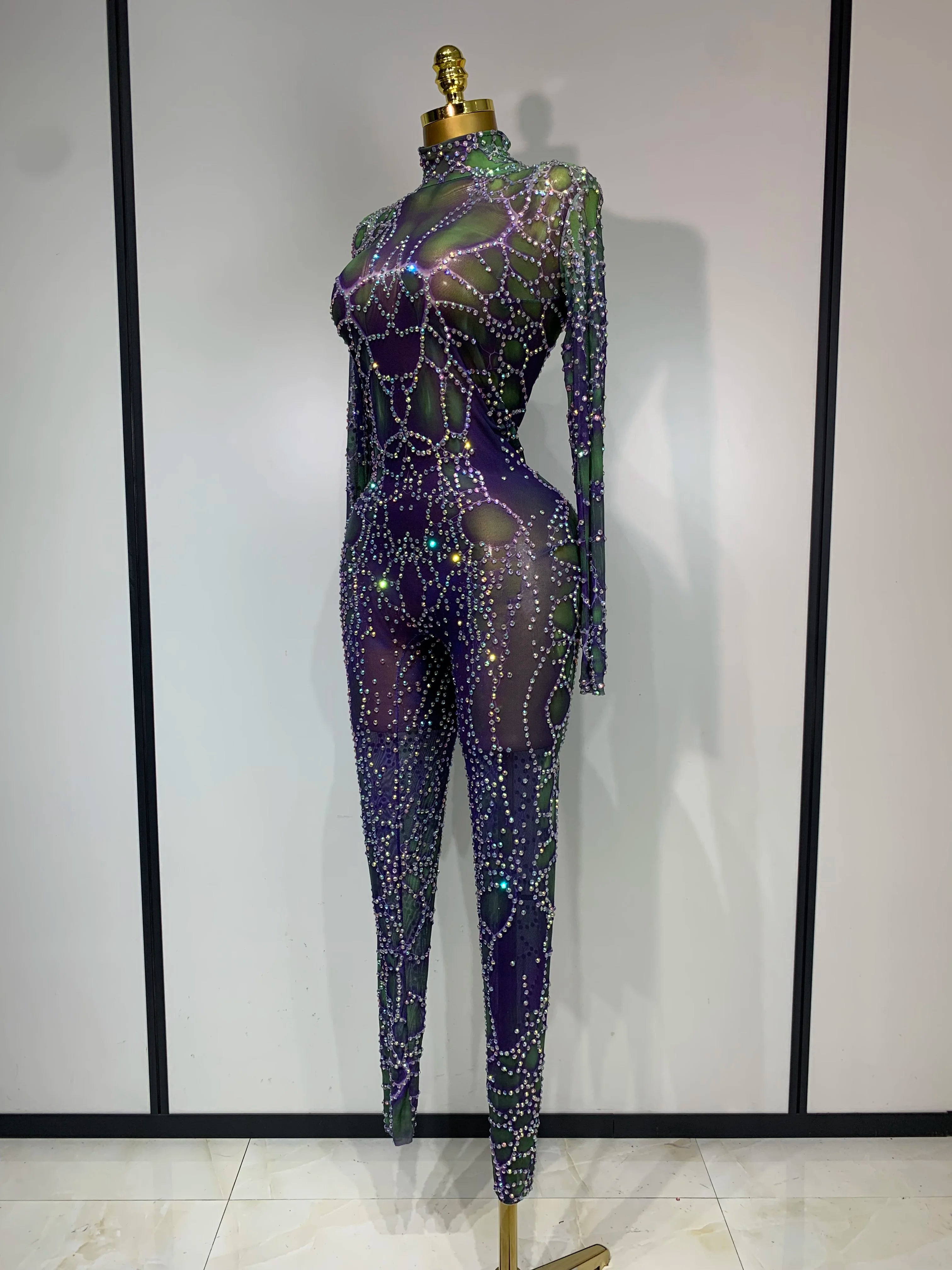 Women Sparkly Rhinestones Mesh Bodycon Jumpsuit Singer Stage Performance Dance Costume Nightclub Party Luxury Birthday Outfit