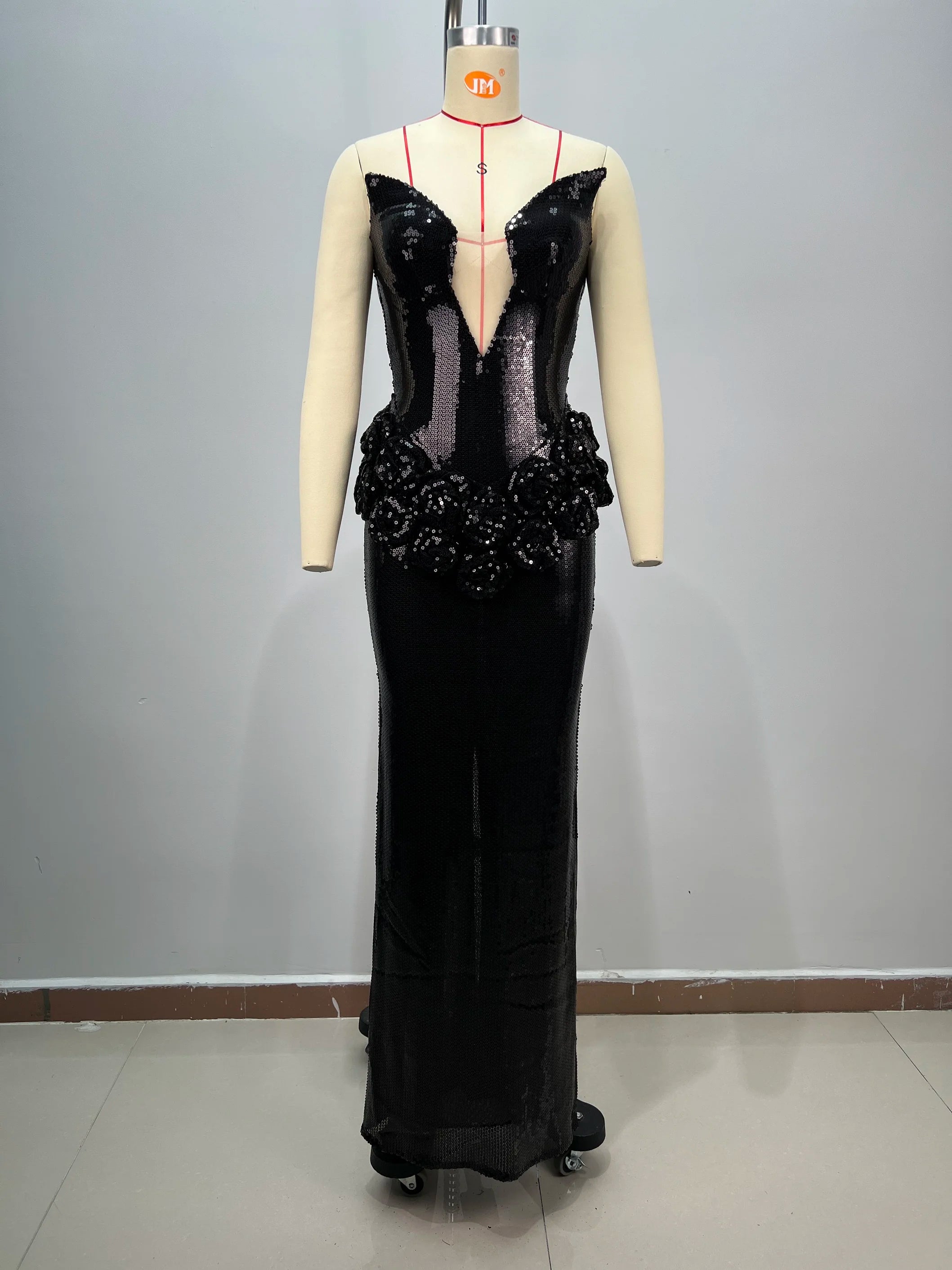 Luxury Haute Couture Sexy V-Neck Black Shining Sequins Floor Length Dress Woman Birthday Party Dress Red Carpet Goddess Vestido