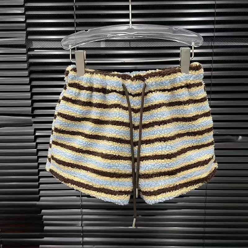 Autumn Winter New Plush Striped Two-pieces Set For Women Warm Thickened Hooded Sweatshirt Casual Shorts 11A07889