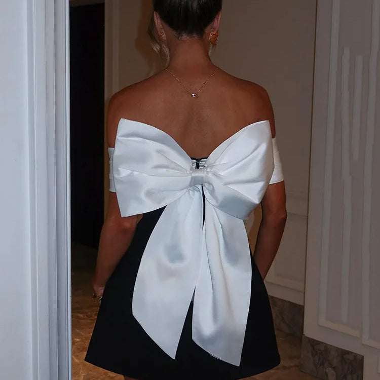 Bow Backless Sexy Mini Dress For Women Robe Elegant Off-shoulder Strapless Sleeveless A-line Club Sexy Dress Vestido