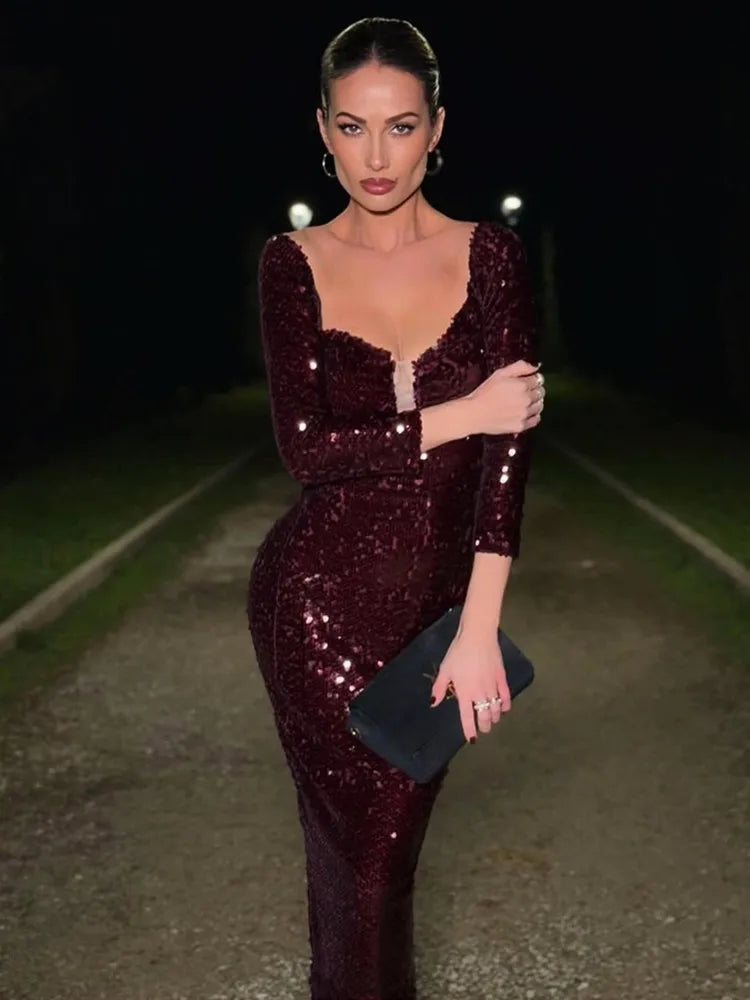 Luxury Women Celebrity Sexy Off Shoulder Burgundy Mesh Sequins Maxi Long Gowns Dress 2024 Elegant Evening Party Club Vestido