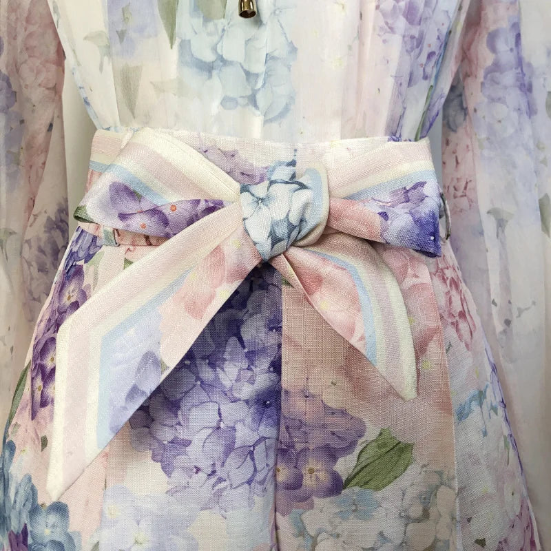 Real Shot In Stock Australian Spring Summer Celebrity Liu Shishi Same Style Purple Floral Long Sleeve Shirt + Shorts Set