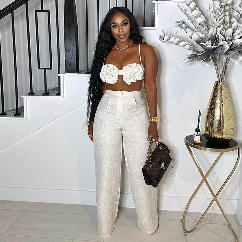 Streetwear Women's Set Sleeveless 3D Flower Crop Bra Top+Wide Leg Pants Elegant beach holiday Two 2 Piece Set Outfits White