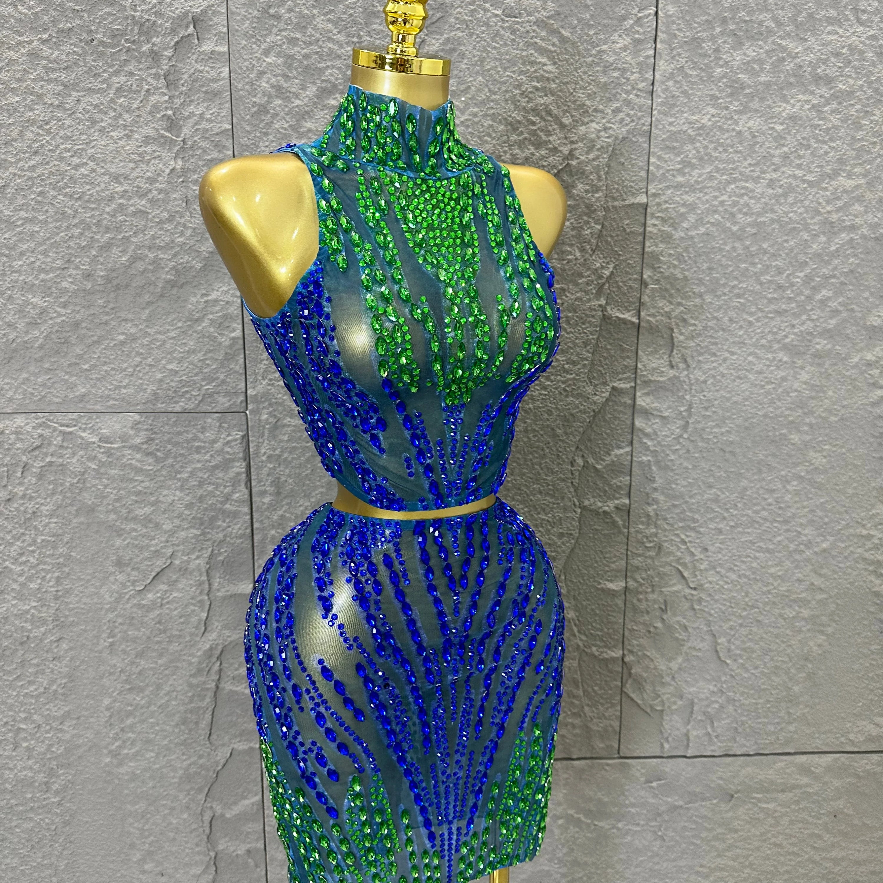 Sexy Blue Green High Neck Two Piece Set Women Sheer Mesh Full Crystal Crop Top Mini Skirt Outfit Formal Event Party Costume