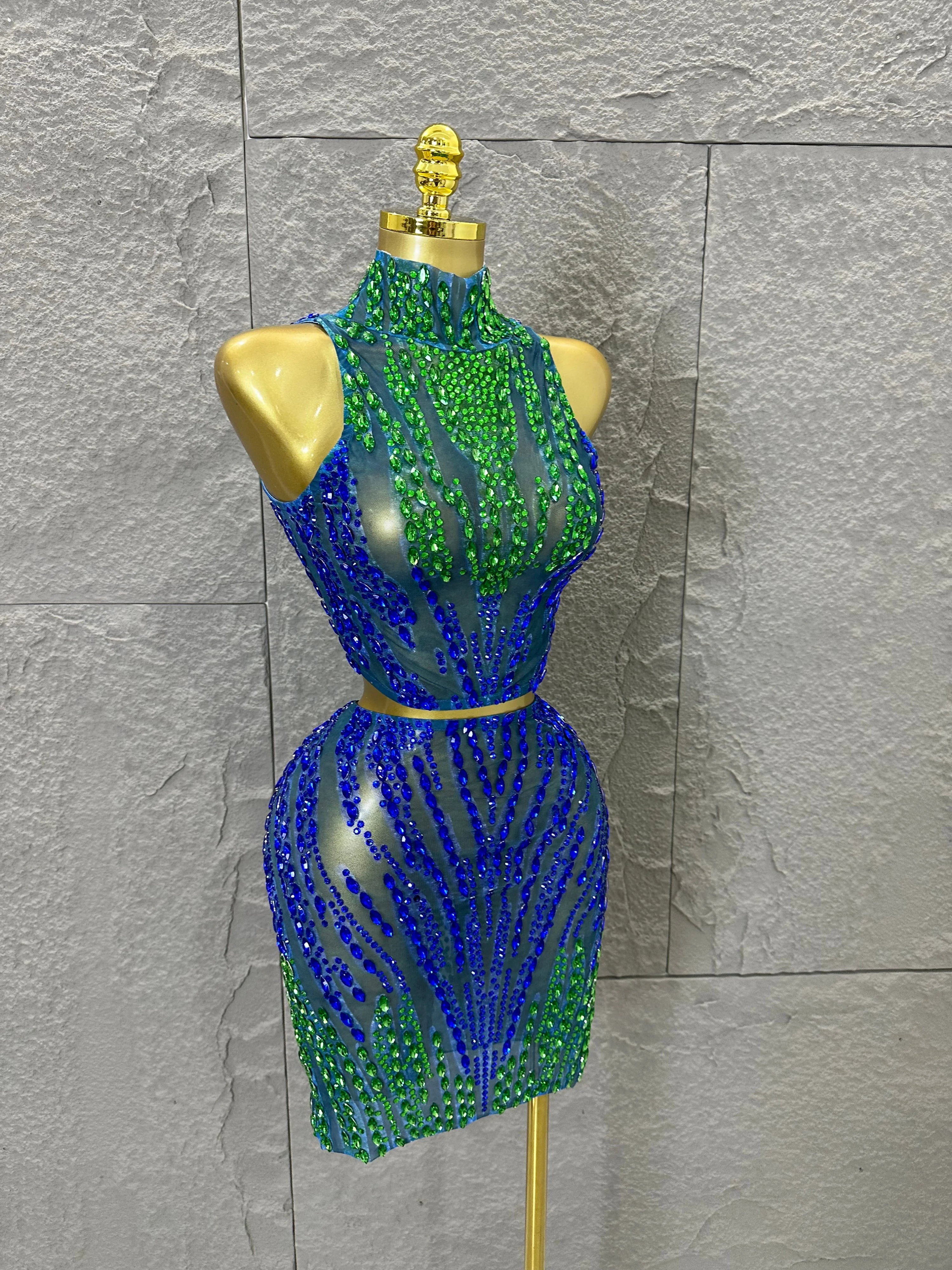 Sexy Blue Green High Neck Two Piece Set Women Sheer Mesh Full Crystal Crop Top Mini Skirt Outfit Formal Event Party Costume