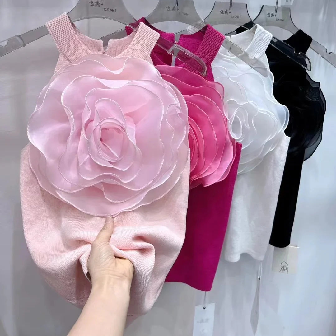 Summer Knitwear Sexy Crop Tank Top Femme Black White 3D Flower Sexy Sleeveless Knitted Top Slim Fit Halter Vest Pink One Size