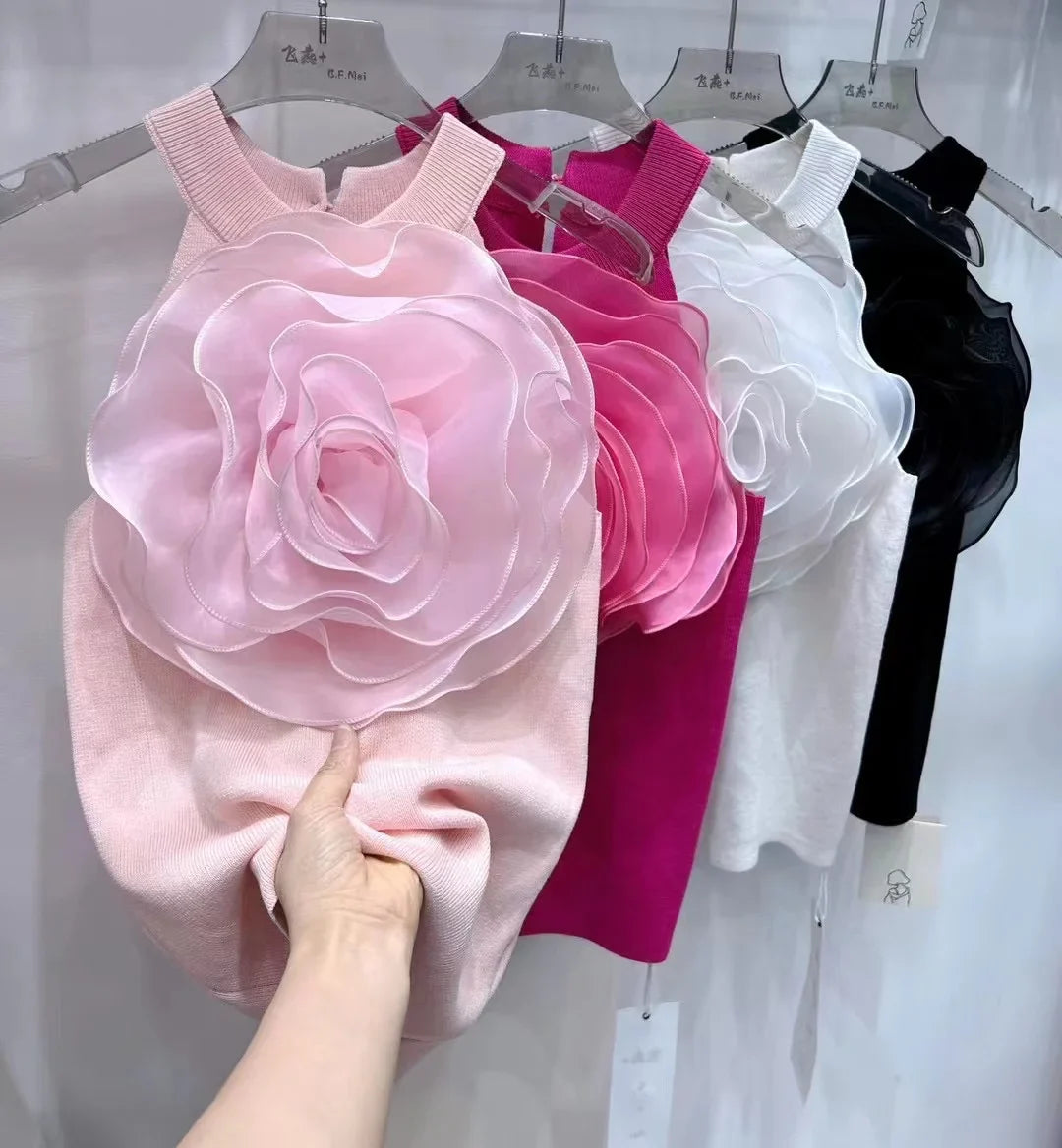 Summer Knitwear Sexy Crop Tank Top Femme Black White 3D Flower Sexy Sleeveless Knitted Top Slim Fit Halter Vest Pink One Size