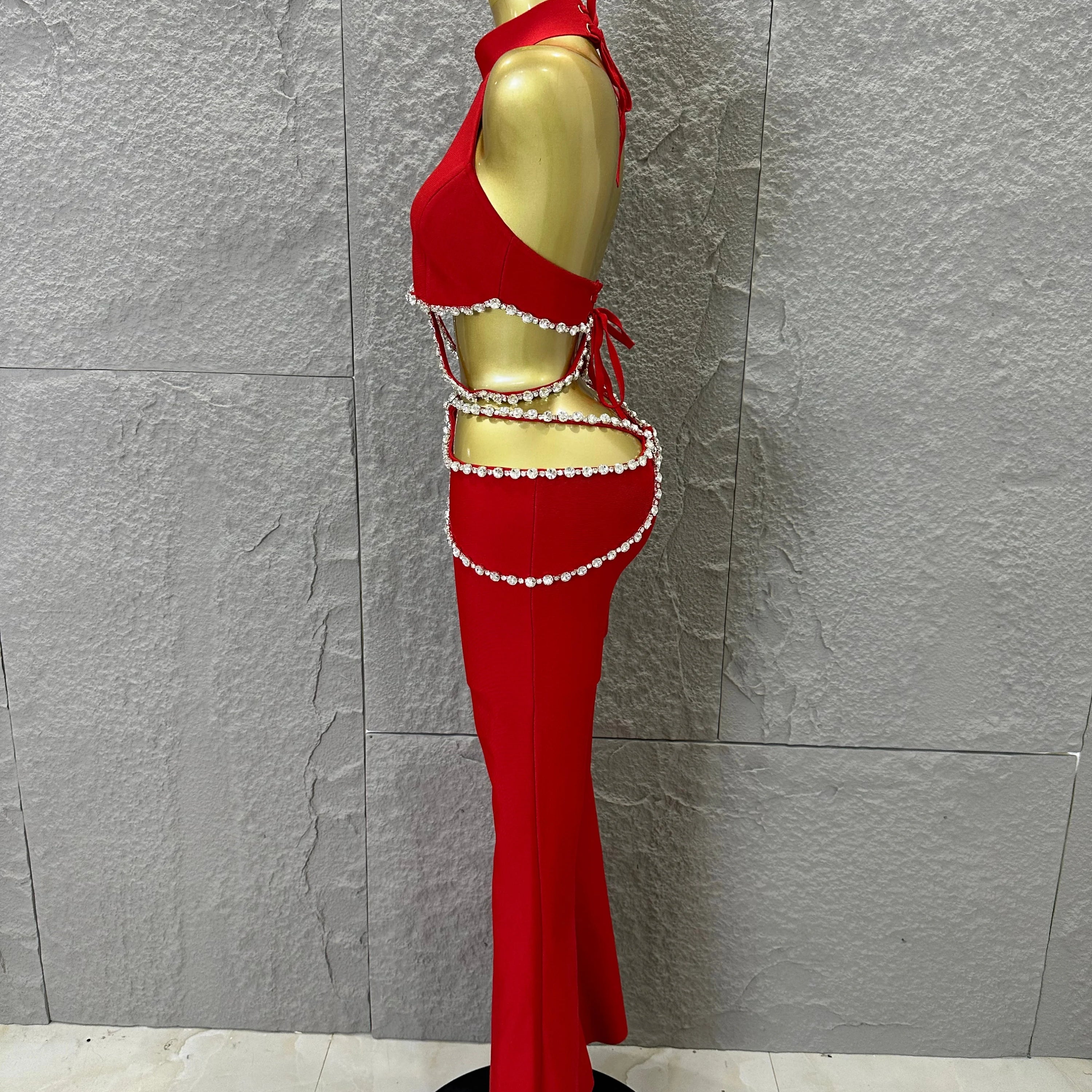 Luxurious Red Two Piece Set Women Sexy Halter Neck Crystal Cutout Crop Top Flare Pants Outfit Stage Performance Costume