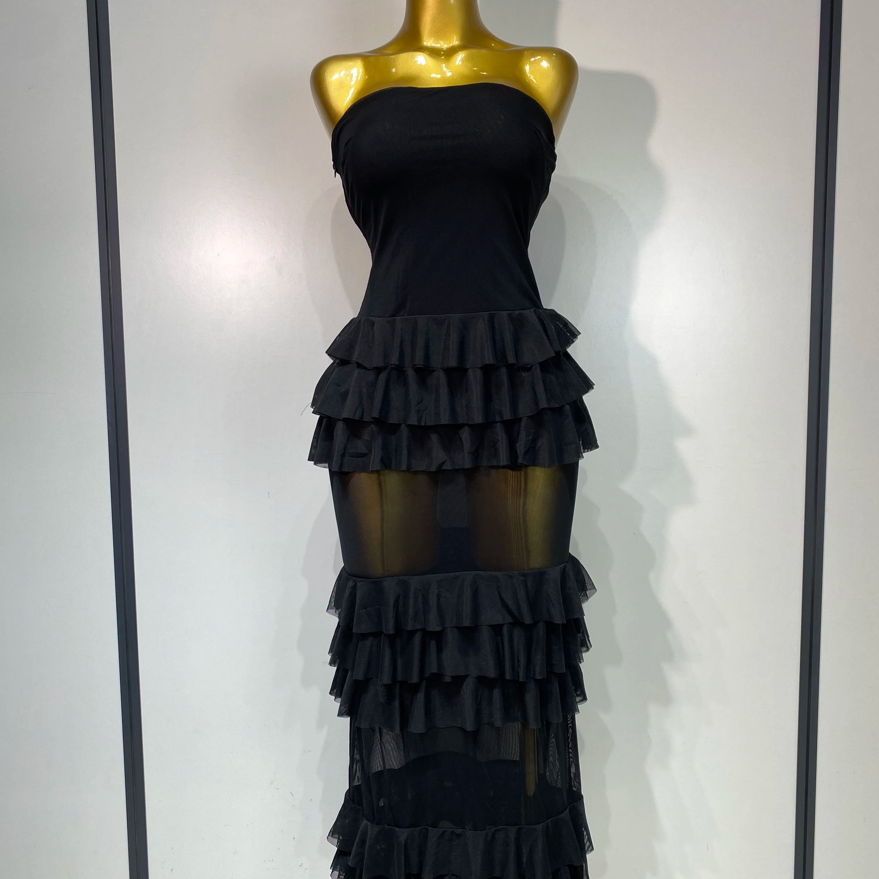 Women Sexy Strapless Ruffles Long Dress Black Backless Mesh See Through Design Dresses Evening Party Cocktail Birthday Dress black