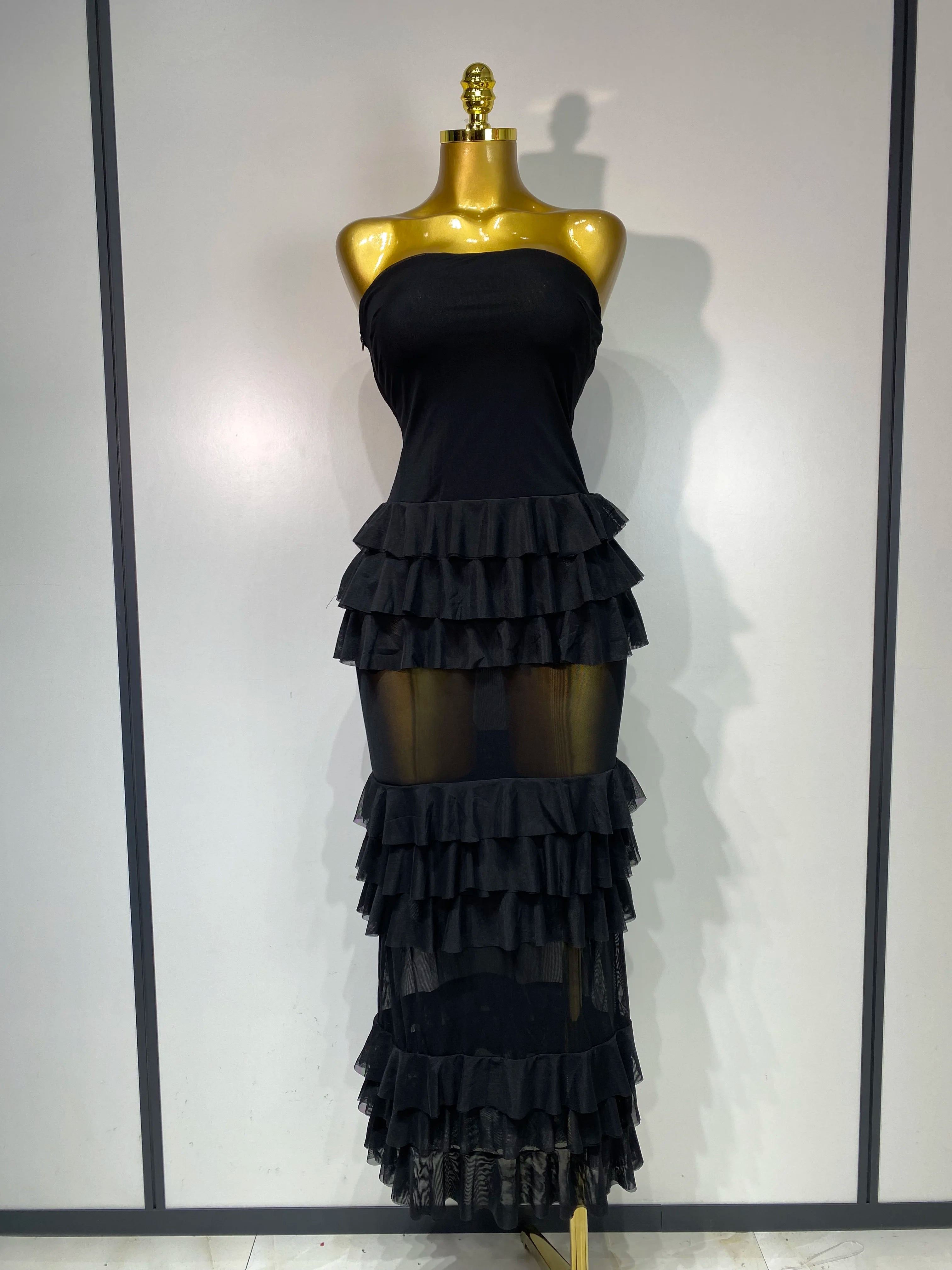 Women Sexy Strapless Ruffles Long Dress Black Backless Mesh See Through Design Dresses Evening Party Cocktail Birthday Dress black