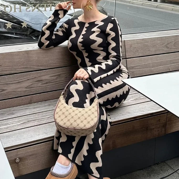 Tossy Striped Contrast Color Knit Maxi Bodycon Dress Boho High Waisted Hollow Out Slim Dresses Women Holiday Dresses Vestidos